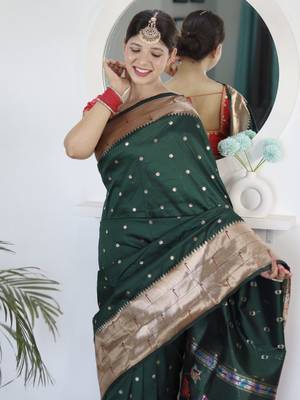 green woven design zari silk blend paithani saree 4