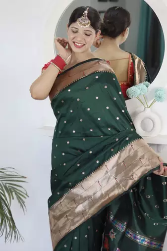 green woven design zari silk blend paithani saree