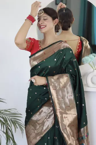 green woven design zari silk blend paithani saree