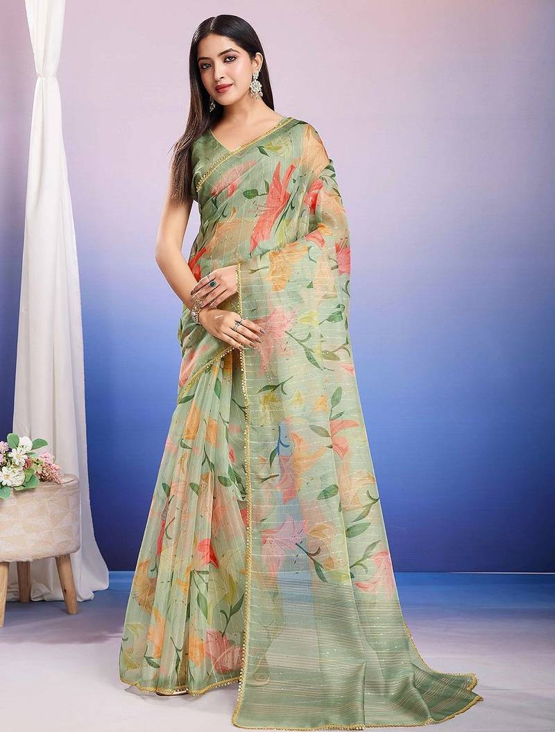 green floral sequinned organza designer saree