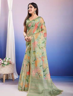 green floral sequinned organza designer saree 2