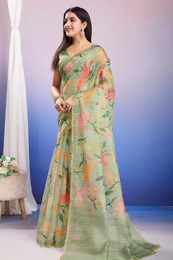 green floral sequinned organza designer saree