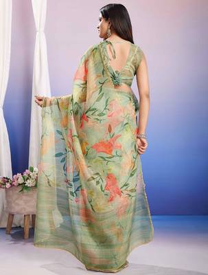green floral sequinned organza designer saree 3