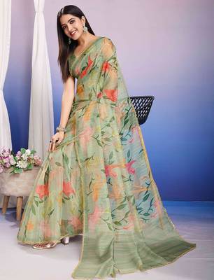 green floral sequinned organza designer saree 4