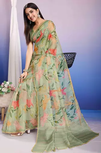green floral sequinned organza designer saree