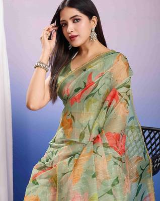 green floral sequinned organza designer saree 5