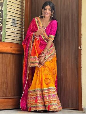 yellow bandhani printed gotta patti bandhani saree 1