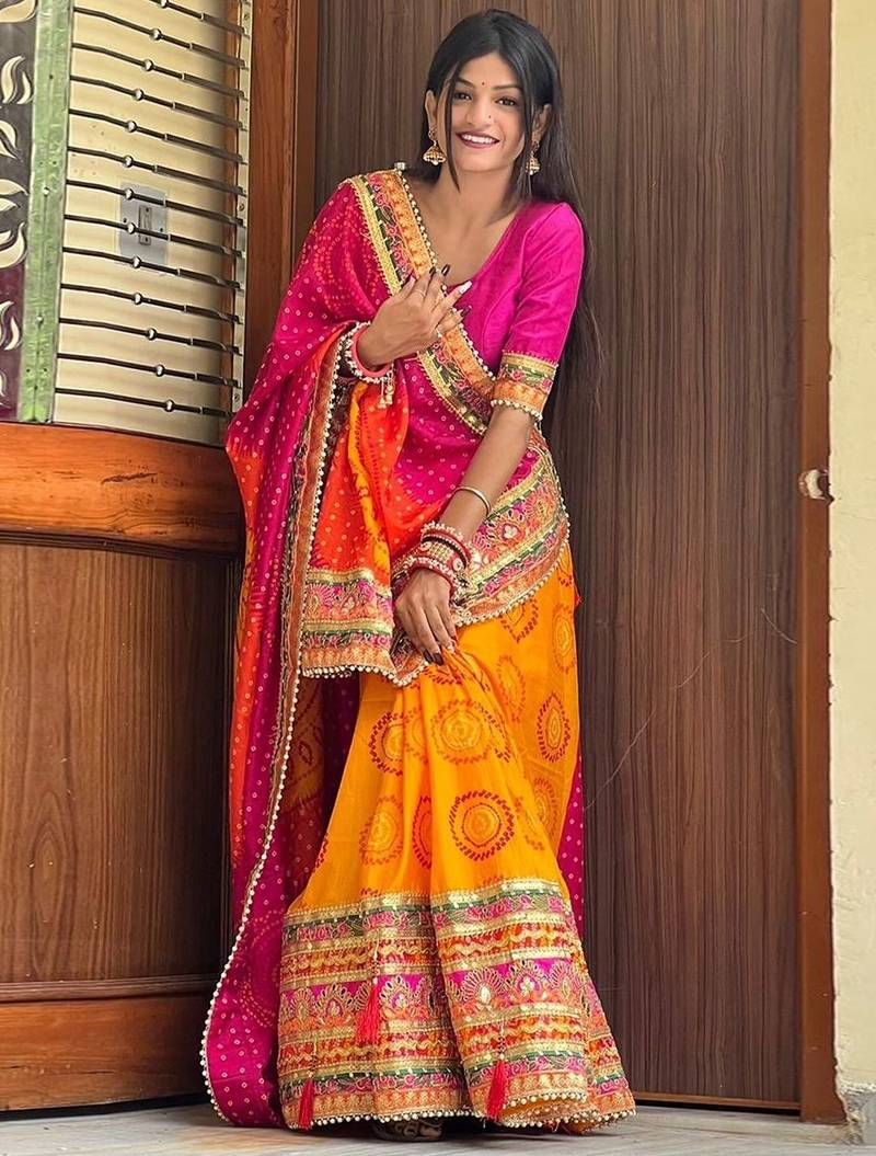 yellow bandhani printed gotta patti bandhani saree