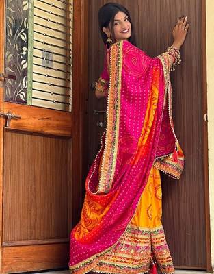 yellow bandhani printed gotta patti bandhani saree 2