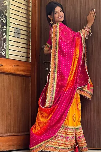 yellow bandhani printed gotta patti bandhani saree