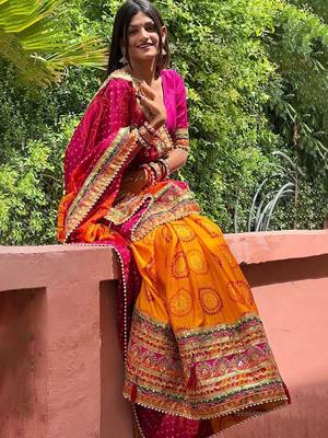yellow bandhani printed gotta patti bandhani saree 3