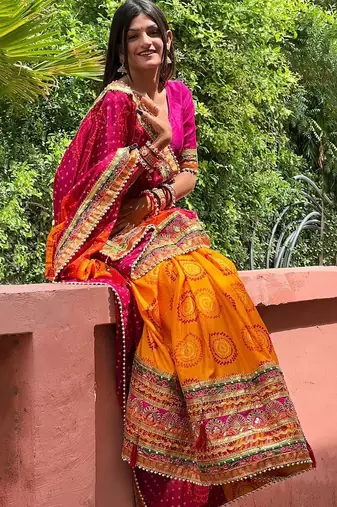yellow bandhani printed gotta patti bandhani saree