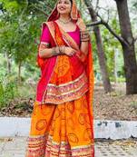 yellow yellow & red printed gotta patti bandhani saree