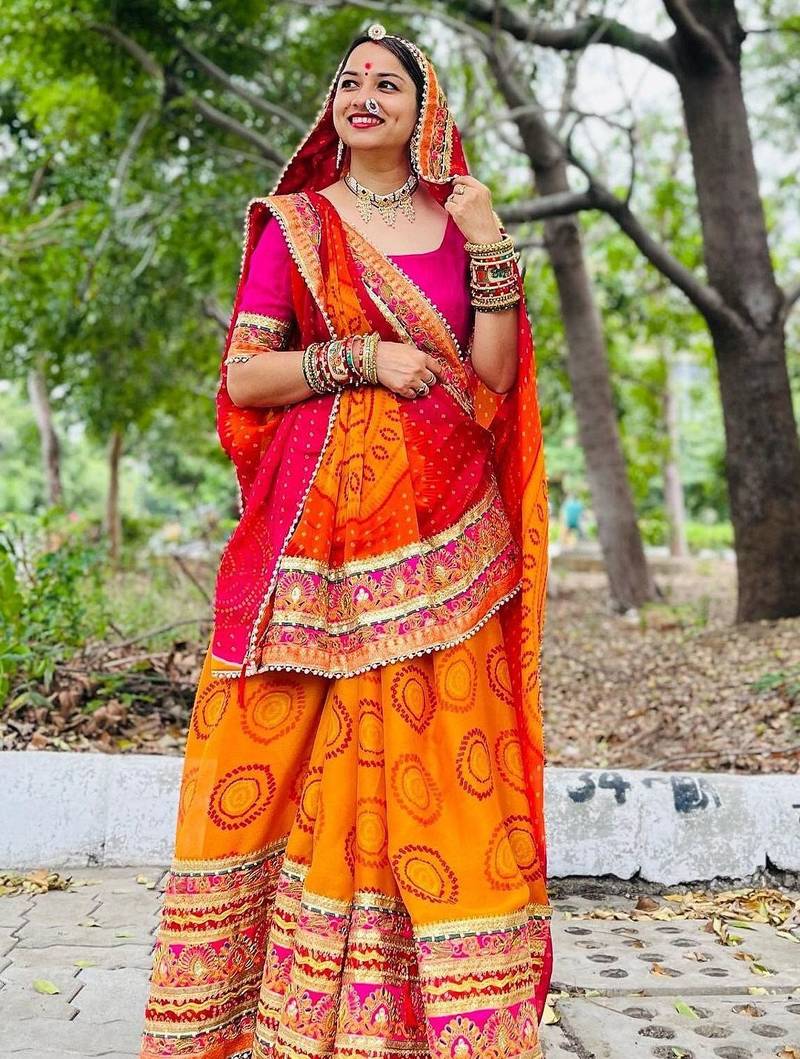 yellow yellow & red printed gotta patti bandhani saree
