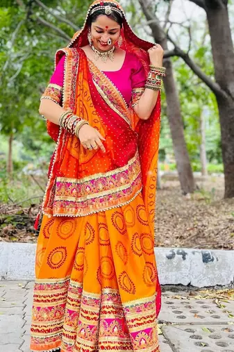 yellow yellow & red printed gotta patti bandhani saree