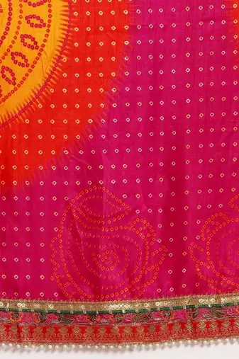 yellow yellow & red printed gotta patti bandhani saree