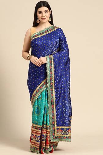 navy_blue bandhani gotta patti half & half saree
