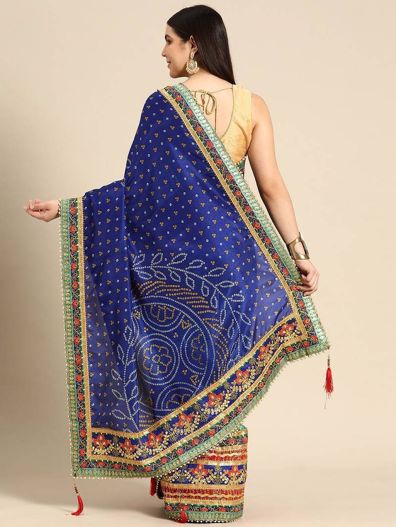 navy_blue bandhani gotta patti half & half saree