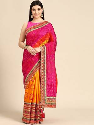 yellow bandhani gotta patti half & half saree 1