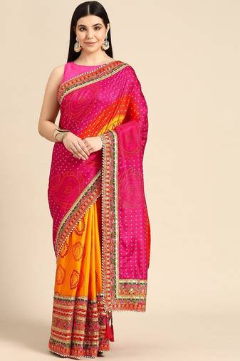yellow bandhani gotta patti half & half saree