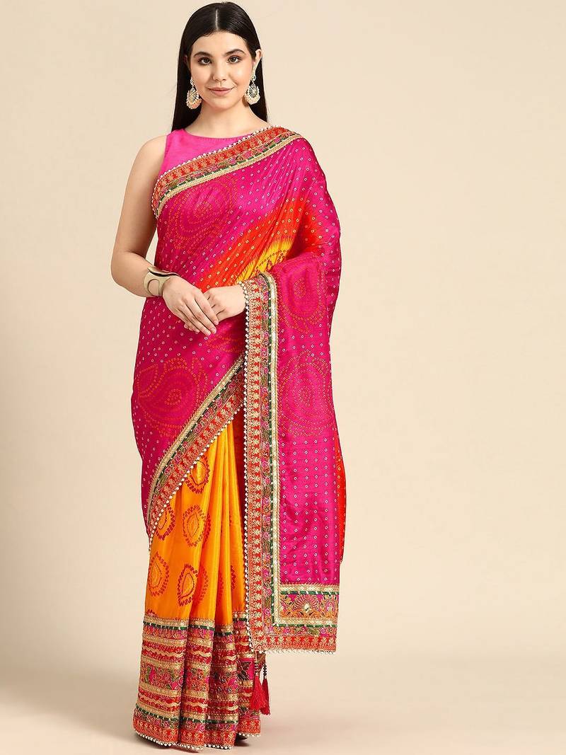 yellow bandhani gotta patti half & half saree