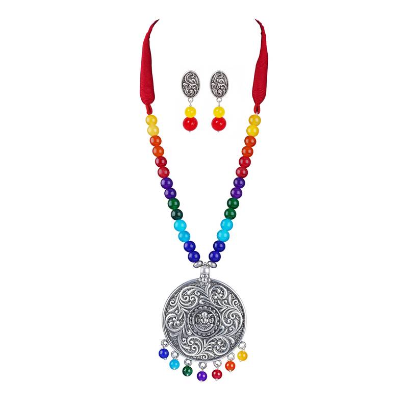 Silver plated oxidized german silver ganesha pendant with multicolor cotton thread beads necklace set with adjustable