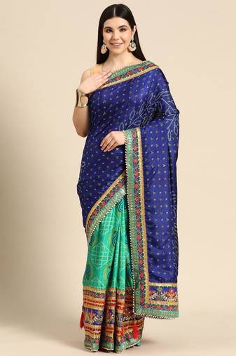 blue bandhani gotta patti half & half saree