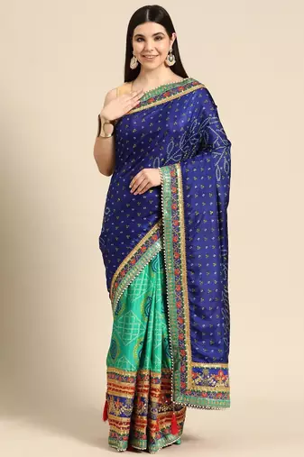 blue bandhani gotta patti half & half saree