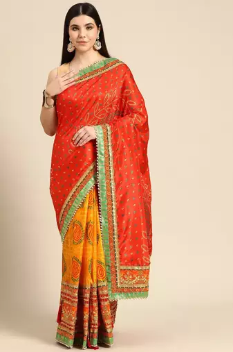 yellow bandhani gotta patti half & half saree