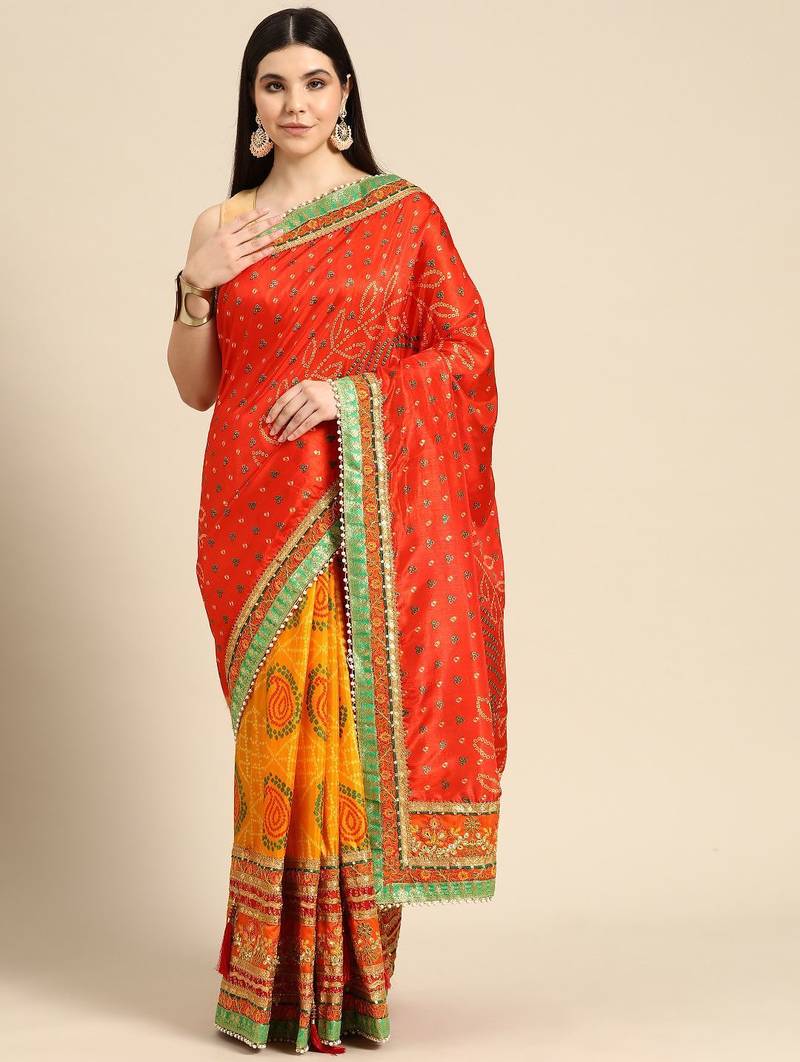 yellow bandhani gotta patti half & half saree