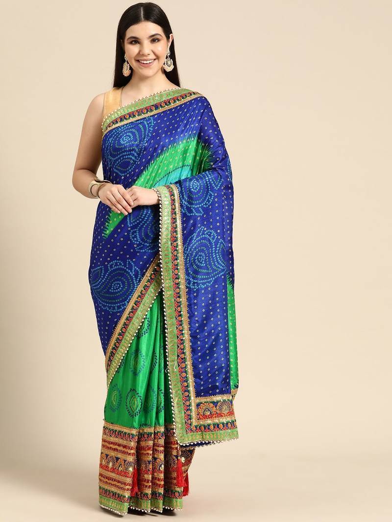 blue bandhani gotta patti half & half saree
