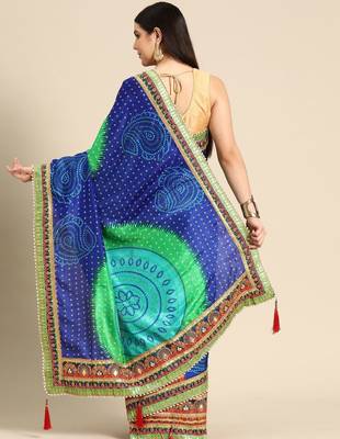 blue bandhani gotta patti half & half saree 2