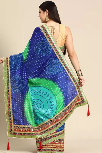 blue bandhani gotta patti half & half saree