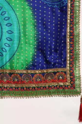 blue bandhani gotta patti half & half saree