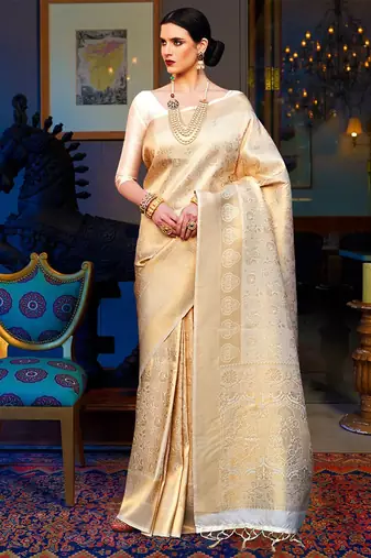 cream cream-coloured & gold-toned woven design zari silk blend kanjeevaram saree