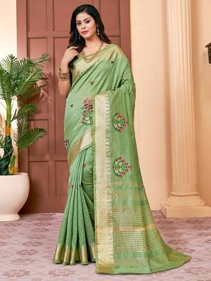 green green & red ethnic motifs embroidered zari saree 1