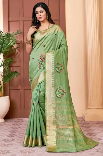 green green & red ethnic motifs embroidered zari saree