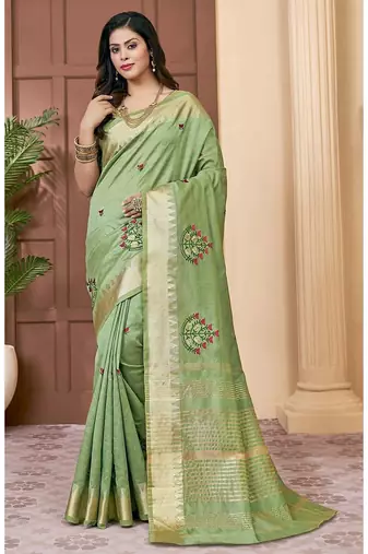 green green & red ethnic motifs embroidered zari saree