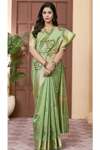 green green & red ethnic motifs embroidered zari saree