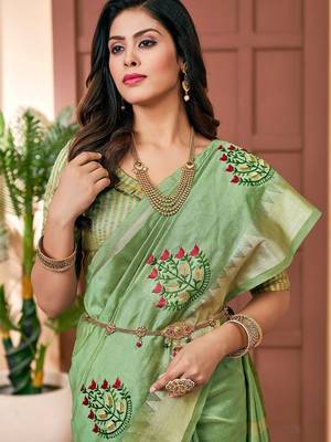 green green & red ethnic motifs embroidered zari saree 4