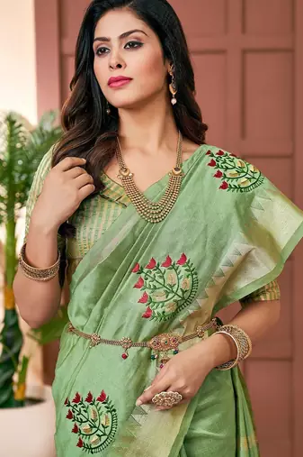 green green & red ethnic motifs embroidered zari saree