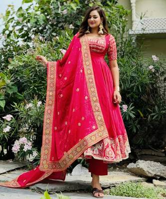 Red natural crepe silk party wear embroidery anarkali suit set 1