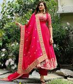 Red natural crepe silk party wear embroidery anarkali suit set