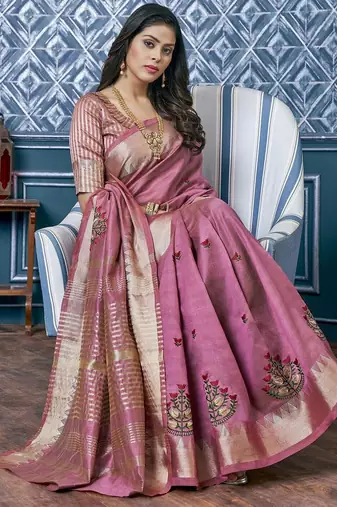 burgundy burgundy & gold-toned ethnic motifs embroidered zari saree