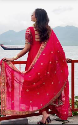 Red natural crepe silk party wear embroidery anarkali suit set 4