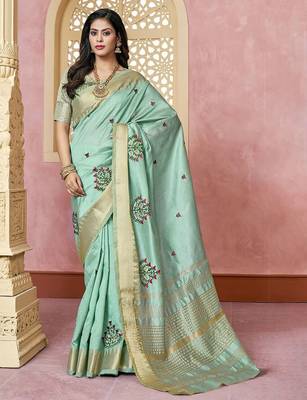 turquoise ethnic motifs embroidered silk cotton saree 1