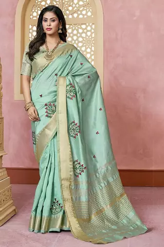 turquoise ethnic motifs embroidered silk cotton saree