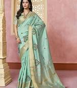 turquoise ethnic motifs embroidered silk cotton saree