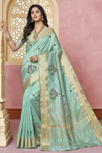 turquoise ethnic motifs embroidered silk cotton saree