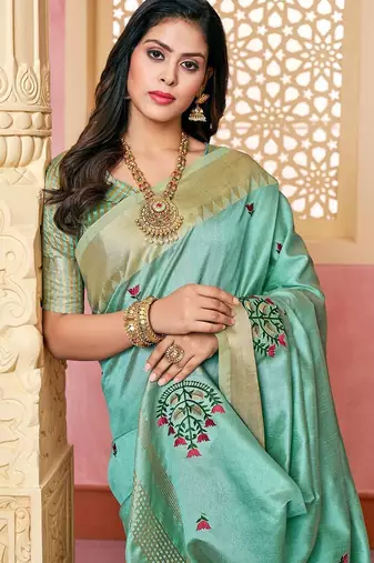 turquoise ethnic motifs embroidered silk cotton saree